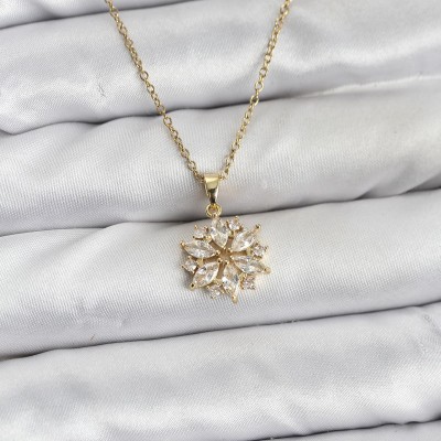 316L Çelik Zincir Gold Renk Lotus Model Zirkon Taşlı Kadın Kolye