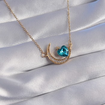 316L Çelik Zincir Gold Renk Mavi Zirkon Taşlı Ay Tasarımlı Kolye