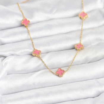 316L Çelik Zincir Gold Renk Pembe Baby Boy Yonca Kadın Kolye