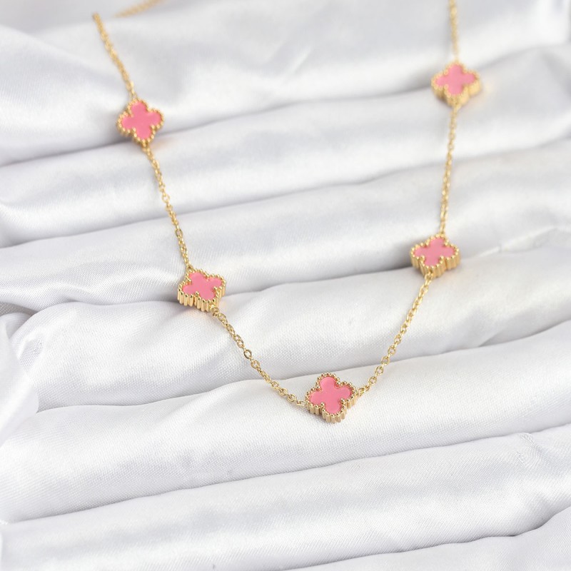 316L Çelik Zincir Gold Renk Pembe Baby Boy Yonca Kadın Kolye