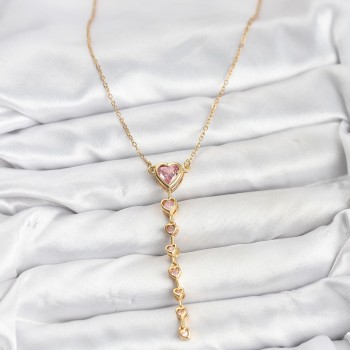 316L Çelik Zincir Gold Renk Pembe Kalp Kadın Kolye