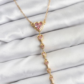316L Çelik Zincir Gold Renk Pembe Kalp Kadın Kolye