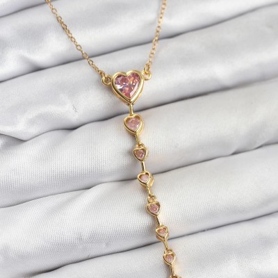 316L Çelik Zincir Gold Renk Pembe Kalp Kadın Kolye