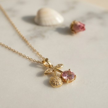 316L Çelik Zincir Gold Renk Pembe Kiraz Model Kolye