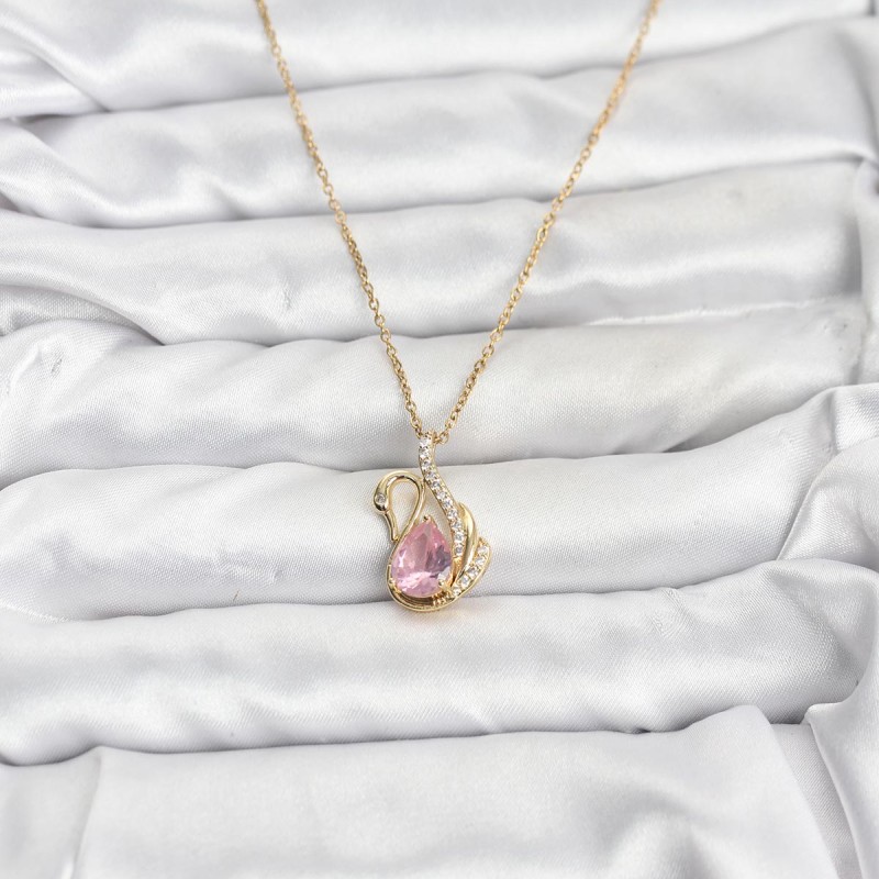 316L Çelik Zincir Gold Renk Pembe Kuğu Model Zirkon Taşlı Kadın Kolye