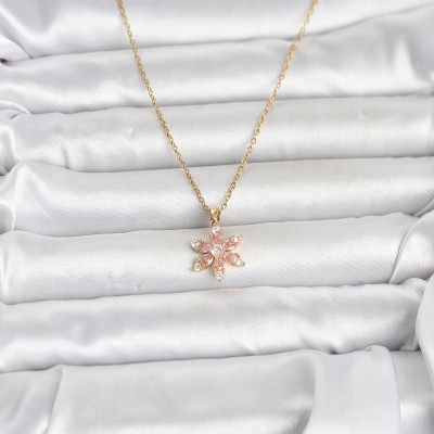 316L Çelik Zincir Gold Renk Pembe Lotus Model Kadın Kolye