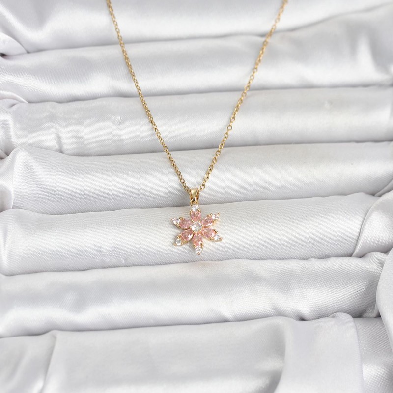 316L Çelik Zincir Gold Renk Pembe Lotus Model Kadın Kolye