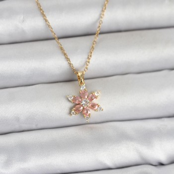 316L Çelik Zincir Gold Renk Pembe Lotus Model Kadın Kolye