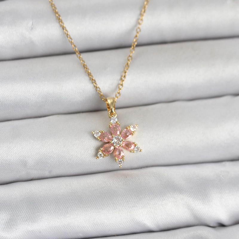 316L Çelik Zincir Gold Renk Pembe Lotus Model Kadın Kolye