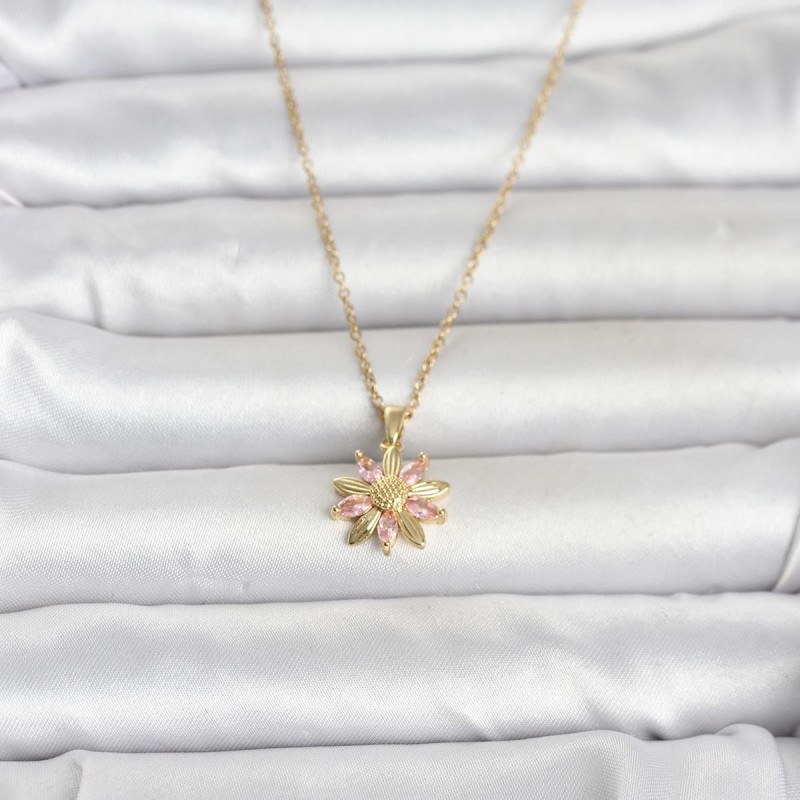 316L Çelik Zincir Gold Renk Pembe Papatya Model Kadın Kolye