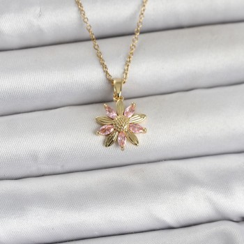 316L Çelik Zincir Gold Renk Pembe Papatya Model Kadın Kolye