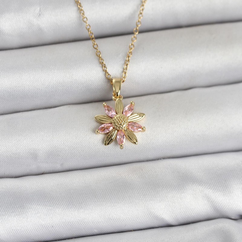 316L Çelik Zincir Gold Renk Pembe Papatya Model Kadın Kolye