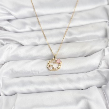316L Çelik Zincir Gold Renk Pembe Taş Detaylı Çelenk Model Kadın Kolye