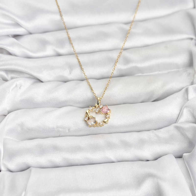 316L Çelik Zincir Gold Renk Pembe Taş Detaylı Çelenk Model Kadın Kolye