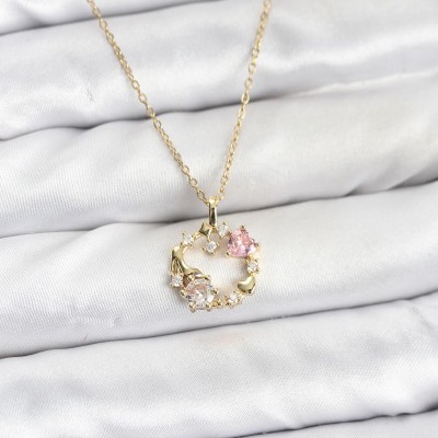 316L Çelik Zincir Gold Renk Pembe Taş Detaylı Çelenk Model Kadın Kolye