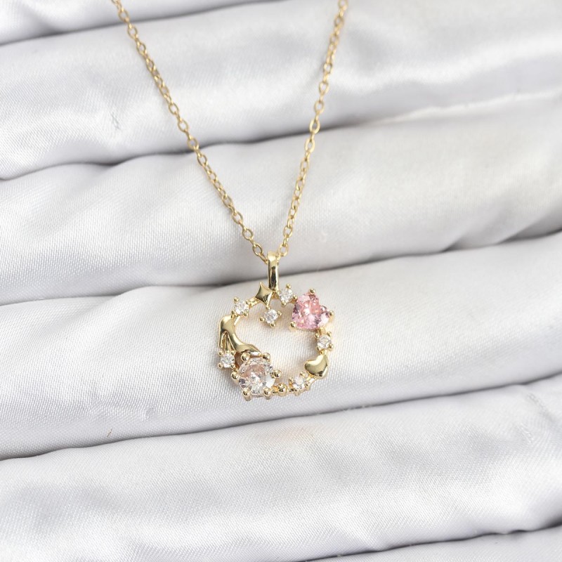 316L Çelik Zincir Gold Renk Pembe Taş Detaylı Çelenk Model Kadın Kolye