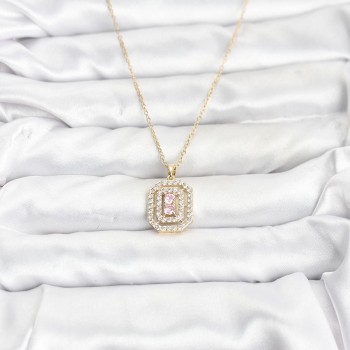 316L Çelik Zincir Gold Renk Plaka Model Zirkon Taşlı Kadın Kolye