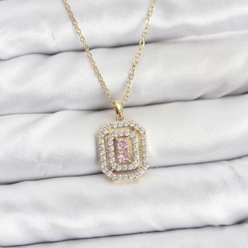 316L Çelik Zincir Gold Renk Plaka Model Zirkon Taşlı Kadın Kolye