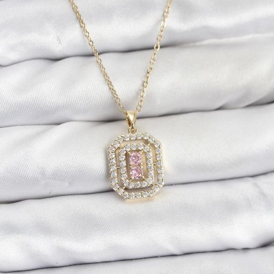 316L Çelik Zincir Gold Renk Plaka Model Zirkon Taşlı Kadın Kolye