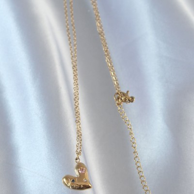 316L Çelik Zincir Gold Renk Renkli Zirkon Taşlı Kalp Kolye