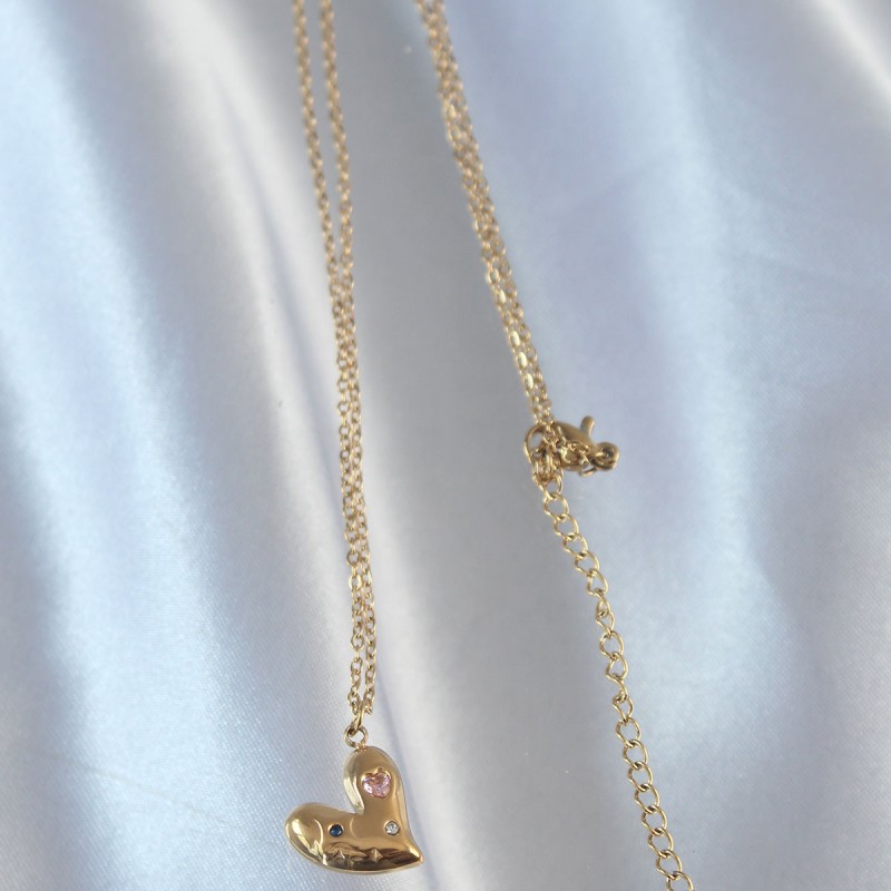 316L Çelik Zincir Gold Renk Renkli Zirkon Taşlı Kalp Kolye