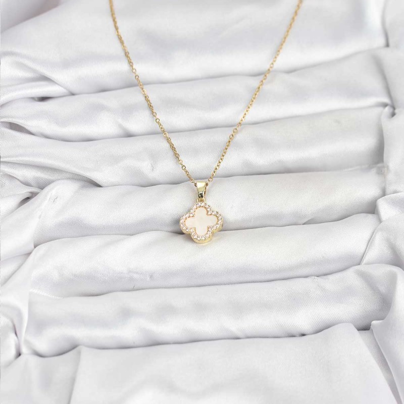 316L Çelik Zincir Gold Renk Sedefli Yonca Kadın Kolye