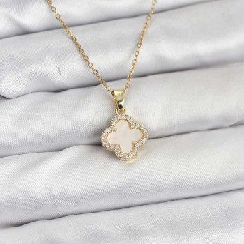 316L Çelik Zincir Gold Renk Sedefli Yonca Kadın Kolye