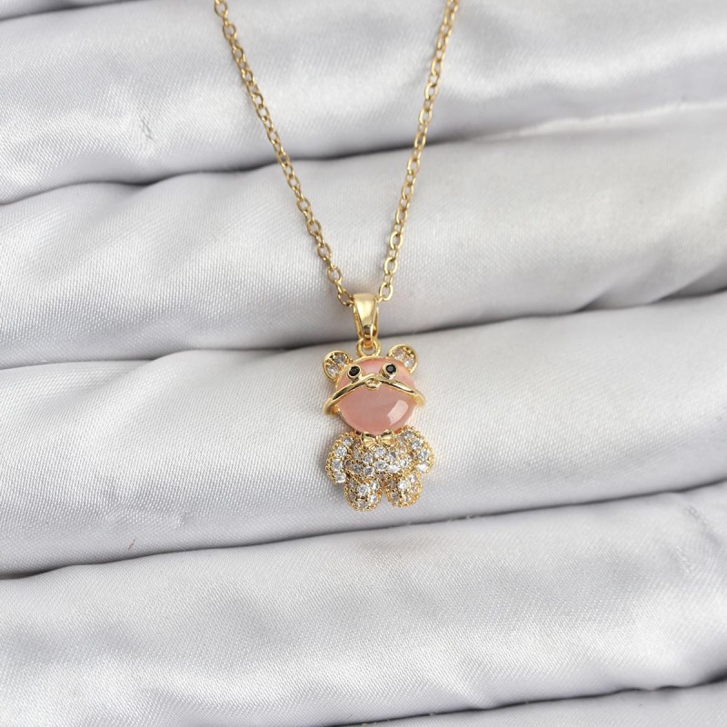 316L Çelik Zincir Gold Renk Teddy Bear Model Zirkon Taşlı Kadın Kolye