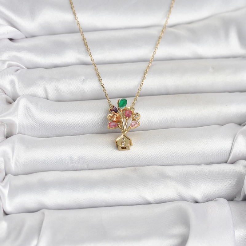 316L Çelik Zincir Gold Renk Uçan Balon Ev Figür Kadın Kolye