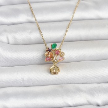 316L Çelik Zincir Gold Renk Uçan Balon Ev Figür Kadın Kolye