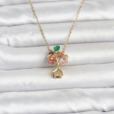 316L Çelik Zincir Gold Renk Uçan Balon Ev Figür Kadın Kolye