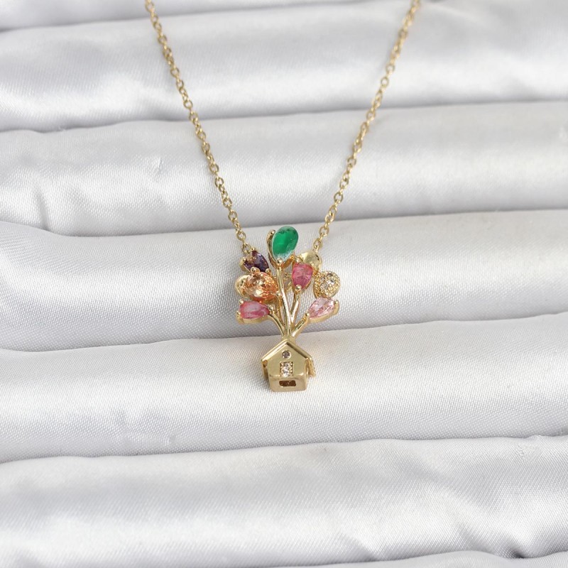 316L Çelik Zincir Gold Renk Uçan Balon Ev Figür Kadın Kolye