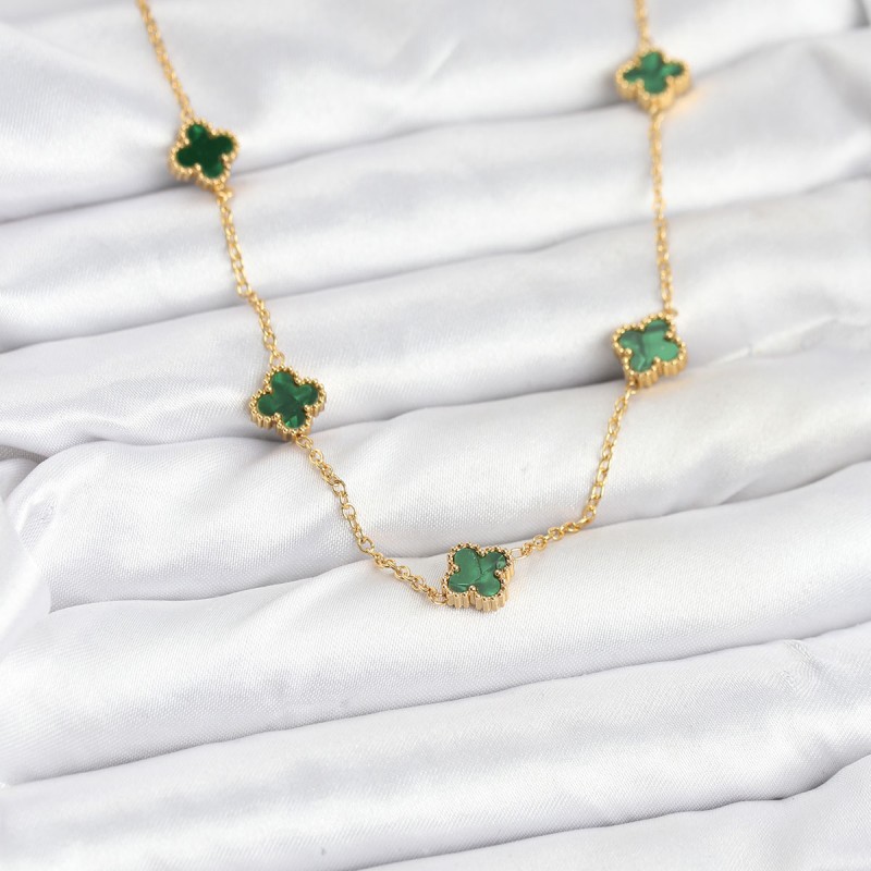 316L Çelik Zincir Gold Renk Yeşil Baby Boy Yonca Kadın Kolye