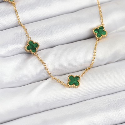 316L Çelik Zincir Gold Renk Yeşil Baby Boy Yonca Kadın Kolye