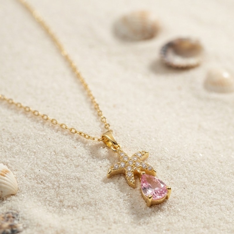 316L Çelik Zincir Gold Renk Yıldız Model Pembe Damla Taş Model Kolye