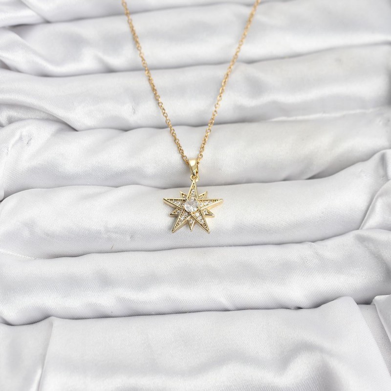 316L Çelik Zincir Gold Renk Yıldız Model Zirkon Taşlı Kadın Kolye
