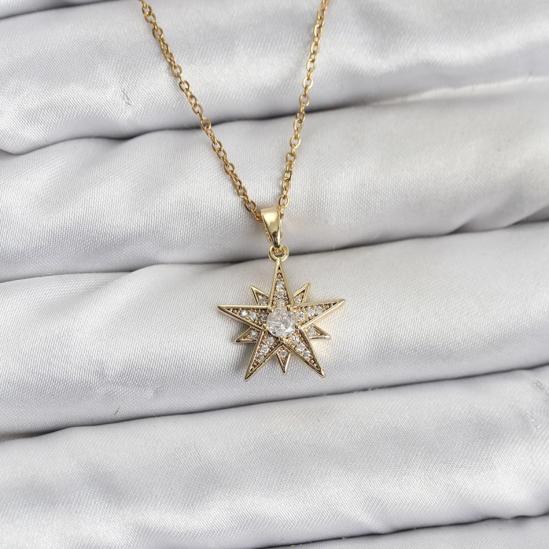 316L Çelik Zincir Gold Renk Yıldız Model Zirkon Taşlı Kadın Kolye
