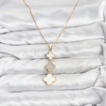 316L Çelik Zincir Gold Renk Yonca Detaylı Zirkon Taşlı Kadın Kolye