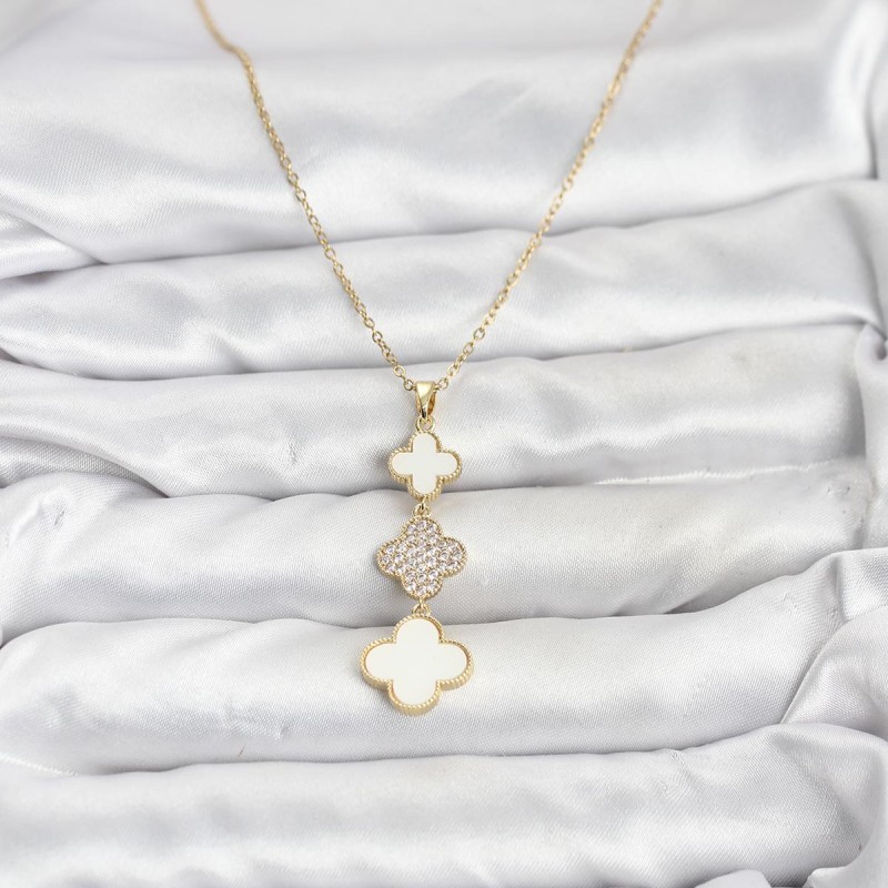 316L Çelik Zincir Gold Renk Yonca Detaylı Zirkon Taşlı Kadın Kolye