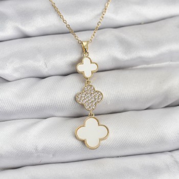 316L Çelik Zincir Gold Renk Yonca Detaylı Zirkon Taşlı Kadın Kolye