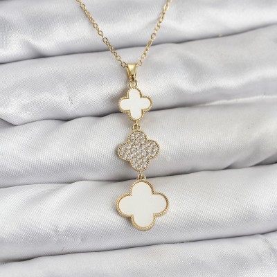 316L Çelik Zincir Gold Renk Yonca Detaylı Zirkon Taşlı Kadın Kolye