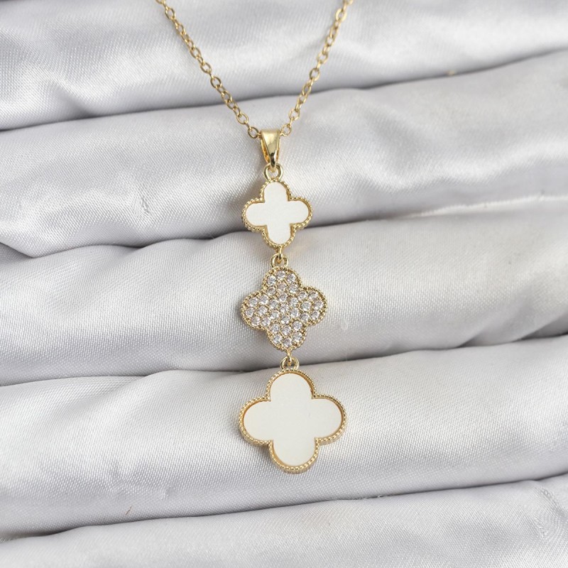 316L Çelik Zincir Gold Renk Yonca Detaylı Zirkon Taşlı Kadın Kolye