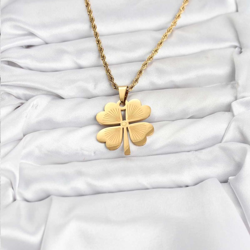 316L Çelik Zincir Gold Renk Yonca Model 60 cm Kadın Kolye