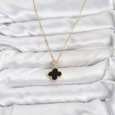 316L Çelik Zincir Gold Renk Yonca Model Zirkon Taşlı Kadın Kolye