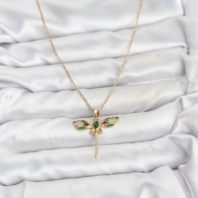 316L Çelik Zincir Gold Renk Yusufçuk Model Zirkon Taşlı Kadın Kolye