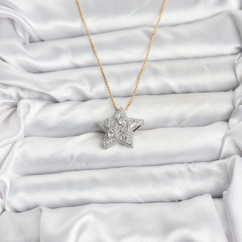 316L Çelik Zincir Gold Renk Zincirli Gümüş Yıldız Model Kadın Kolye