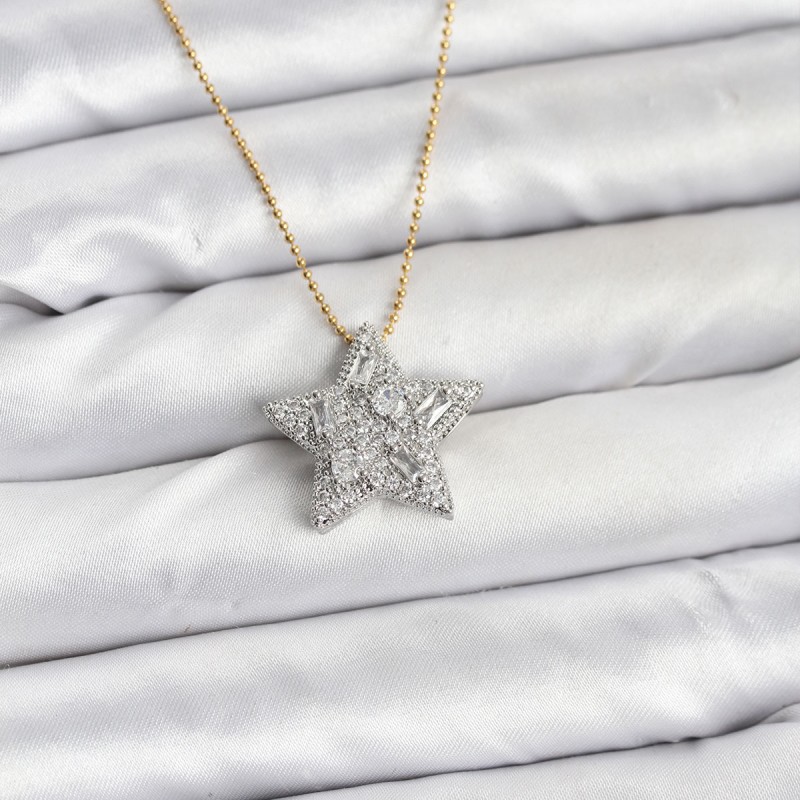 316L Çelik Zincir Gold Renk Zincirli Gümüş Yıldız Model Kadın Kolye