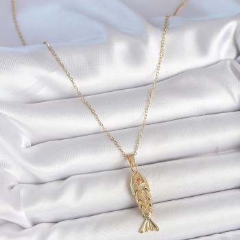 316L Çelik Zincir Gold Renk Zirkon Taşlı Balık Figürlü Kolye