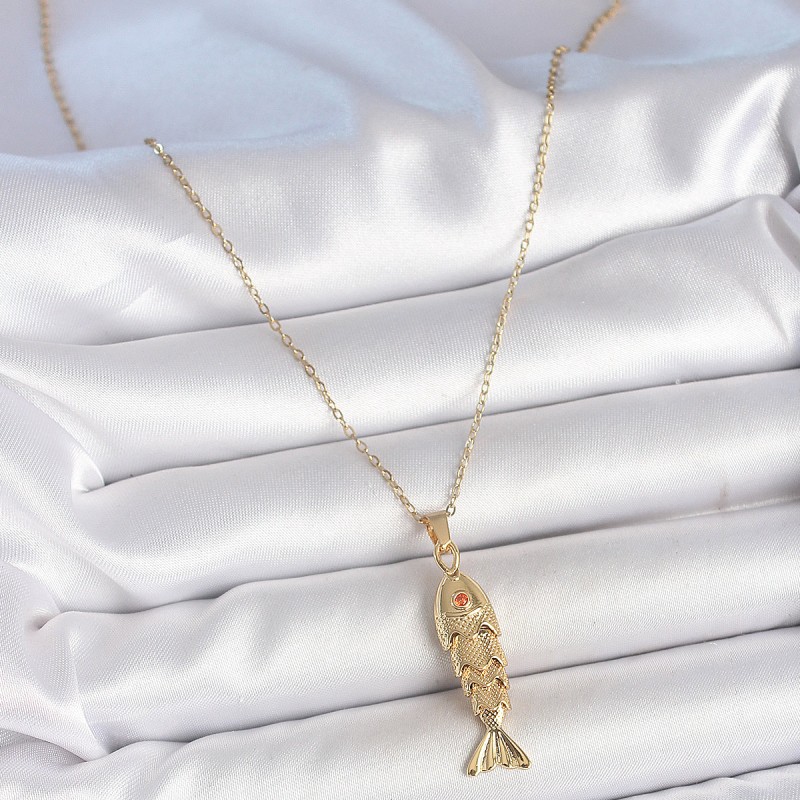 316L Çelik Zincir Gold Renk Zirkon Taşlı Balık Figürlü Kolye