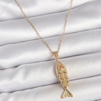 316L Çelik Zincir Gold Renk Zirkon Taşlı Balık Figürlü Kolye
